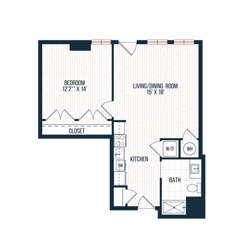 Floor plan for 1 bed, 1 bath, 689 sqft